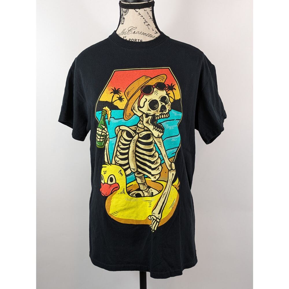 Neon Riot Womens Medium T-Shirt Graphic Beach Skeleton Duck Float Hot Topic Pool